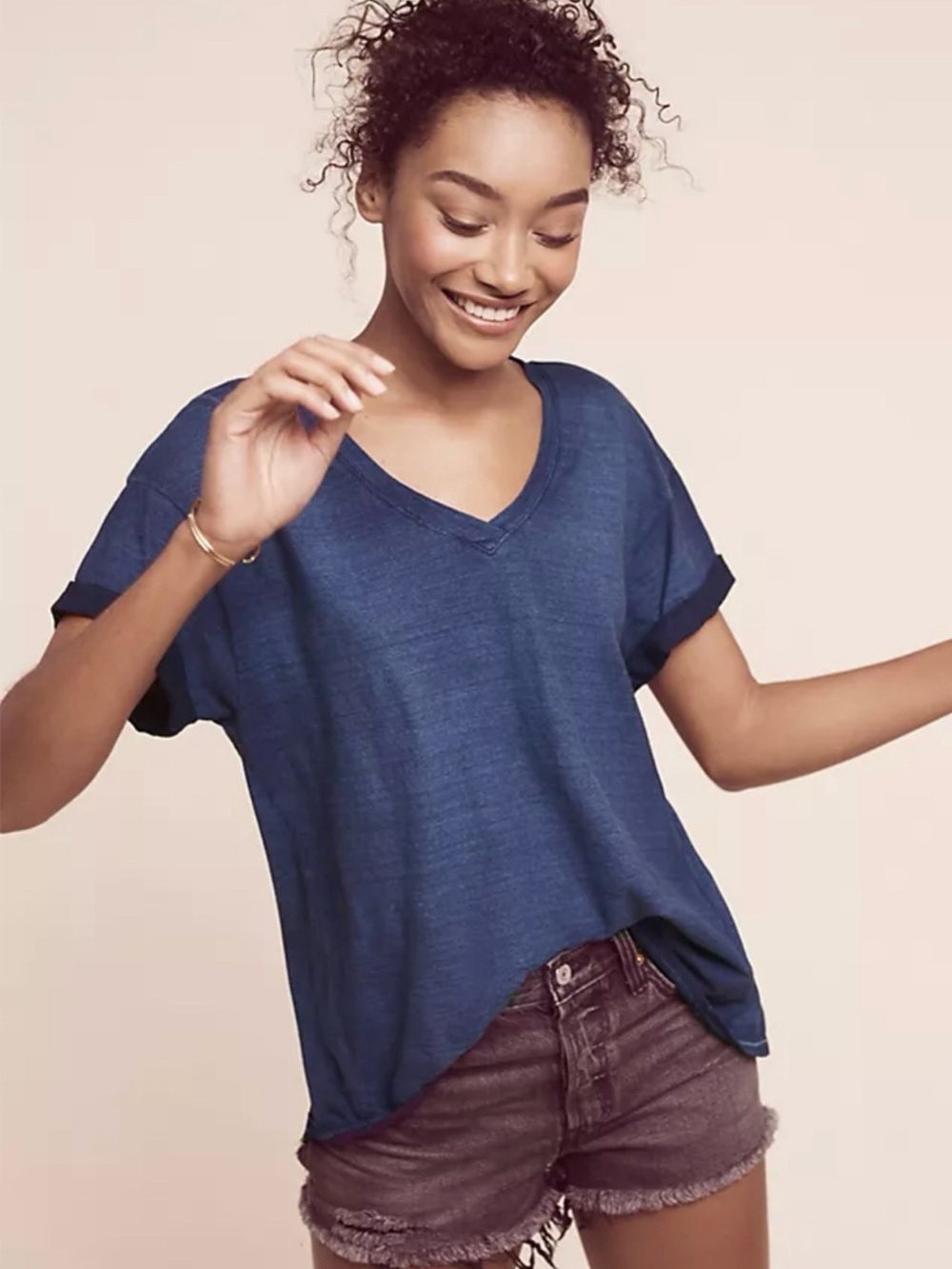 Cloth & Stone Artica Split Back, V-Neck Relaxed Tee In Blue, Short Sleeve, Sz. M